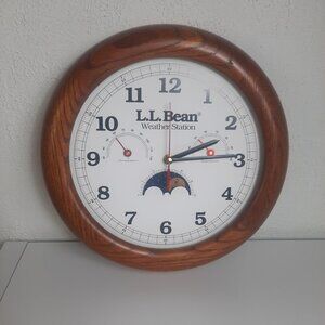 L.L. Bean Weather Station Wall Clock 11.5” Oak Frame Moon Thermometer NO GLASS